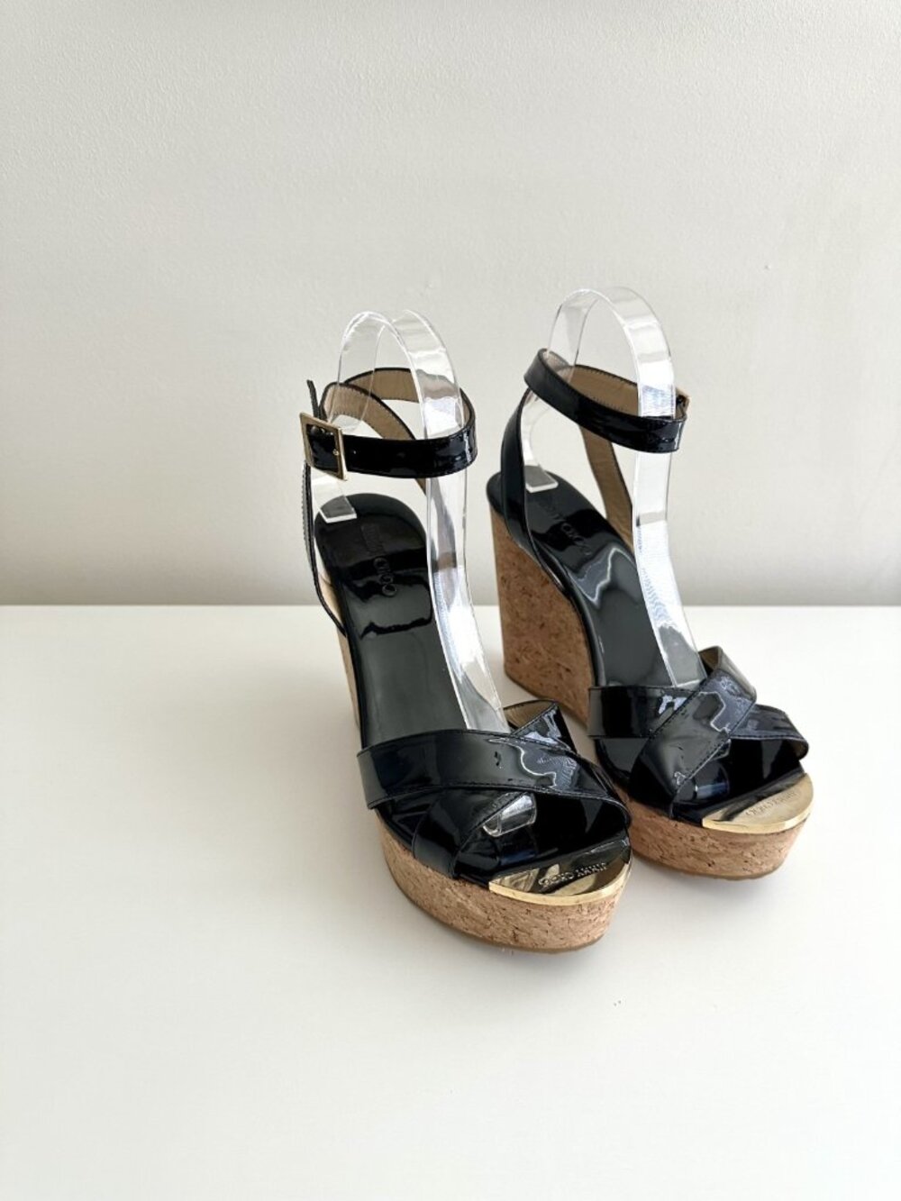 JIMMY CHOO Black Patent Leather Criss Cross Strap Platform Cork Wedge Size 38